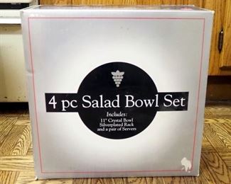 Crystal And Silver Plate 4 Piece Salad Bowl Set, And 3 Tier Buffet Server