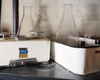 Torsian Balance Co. Enameled Scale, Schott 3000 Ml. Glass Flasks, Qty 2, Kimax 250 ML Flasks Qty 2, And More