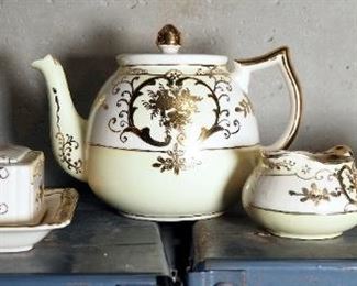 Hand Painted China Tea Pitcher, Creamer, Sugar And Butter Dish, Marked With MM In Laural