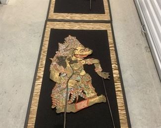Mounted Antique Painted Indonesian Shadow Puppets 