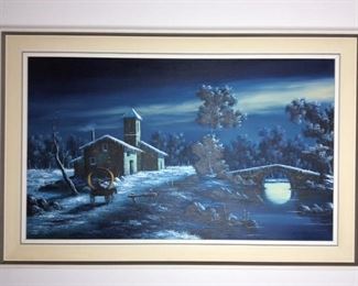 Artwork from Germany, artist signature illegible. H30" x W45 1/2" Cream colored frame in good condition.
