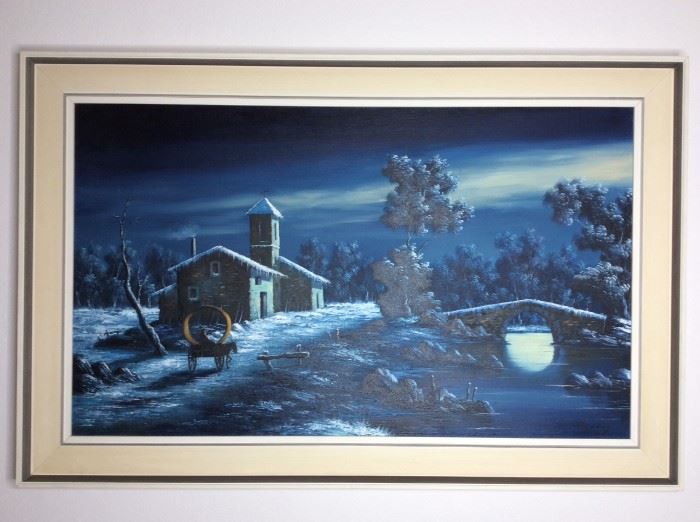 Artwork from Germany, artist signature illegible. H30" x W45 1/2" Cream colored frame in good condition.