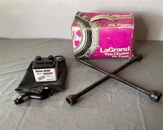Porta-Jump Emergency Car Jumpstart, Tire Iron, and LaGrand Tire Chains PL Type.