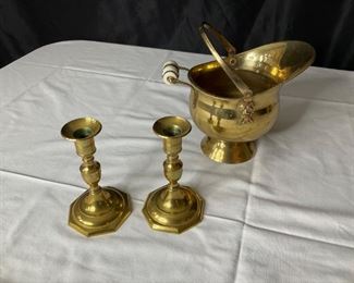 Brass Coal Scuttle and (2) Brass Candleholders