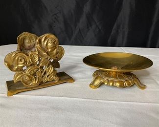 Brass Rose Letter Holder and Footed Brass Candle Holder