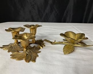 Brass Floral Candle Holder and Brass Flower Trinket Dish