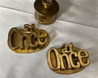 (2) Brass "At Once" Paper Clips and Brass Stamp Holder
