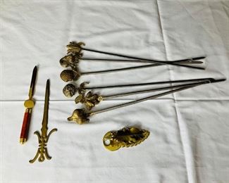 Brass-top Skewers (6), Brass Holly Paper Clip, and (2) Brass Letter Openers