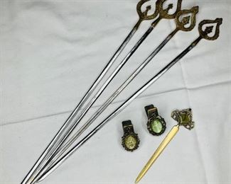 Brass and Metal Skewers (4),Letter Opener, and (2) Decorative Paper Clips