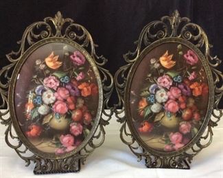 Pair of Ornate Cast Metal Floral Dome Art
