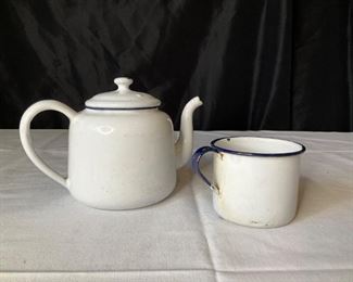 Enamelware Tea Kettle and Tea Cup Ca. 1950's