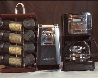 Mr. Coffee 1-cup Coffee Pot, Hamilton Beach Electric Can Opener, Spice Rack