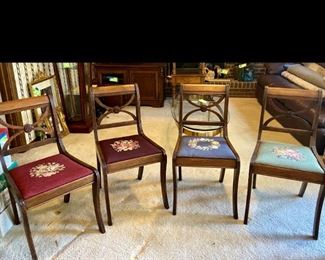 (4) Wood Chairs with Embroidered Seats