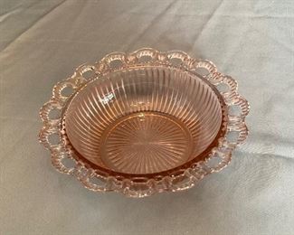 Pink Depression Glass Lace edge Ribbed Salad Bowl