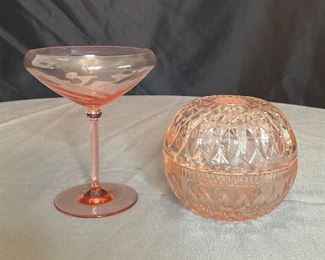 Pink Depression Glass Champagne Glass and Fairy Glass Lamp