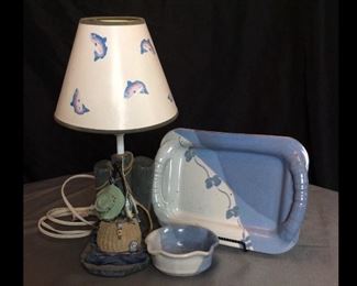 Fishing Lamp and Pottery Serving Plate with Bowl
