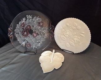 Porcelain Heart Candy Dish, Imperial Glass Rose Pattern Plate, and Pink Glass Serving Plate