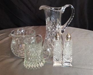 Cut Glassware Including (2) Pitchers, Salt and Pepper Shakers, and More