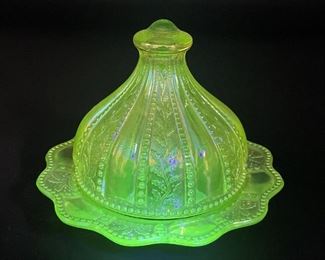 Vintage Depression Vaseline Glass Butter Dish