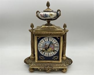 Antique French Gilt Brass and Porcelain Clock