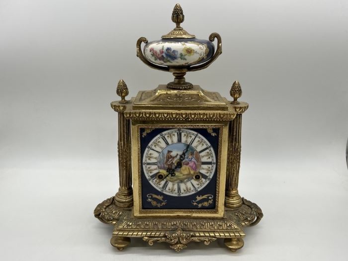 Antique French Gilt Brass and Porcelain Clock
