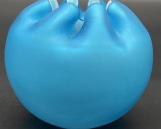 Cased Blue Art Glass Bowl Vase w/ Ruffled Edge