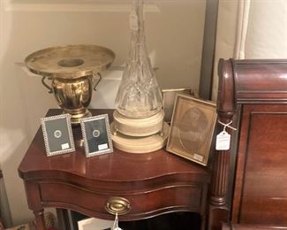 One of two nightstands; one of two matching lamps