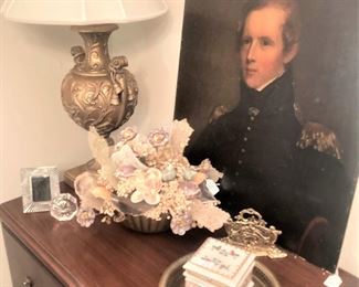 Wooden lateral file cabinet; art; lamp