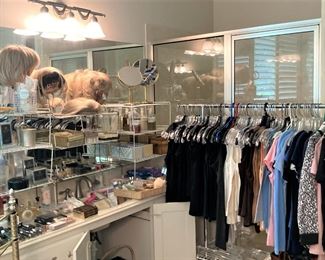 Toiletries, wigs, make-up, mirrors, more clothes