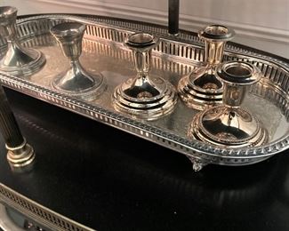 Silverplate tray and candle holders