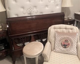 Full bed headboard and footboard; vanity stool; bedroom chair