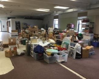 Bins and Boxes full of of home and holiday decor 