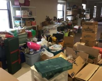 Bins and Boxes full of of home and holiday decor 