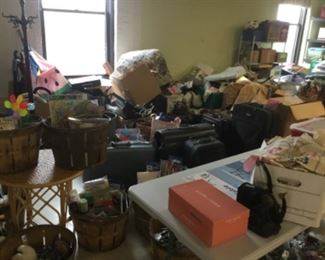 Bins and Boxes full of of home and holiday decor 