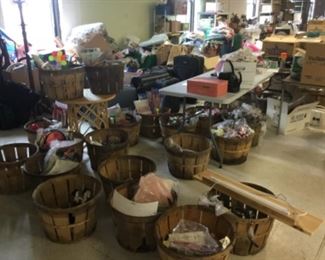 Bins and Boxes full of of home and holiday decor 