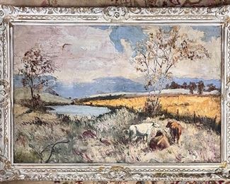 ARTIST SIGNED OIL ON CANVAS LANDSCAPE PAINTING WITH COWS 