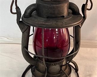 N.Y.C.S. RAILROAD LANTERN WITH EMBOSSED RED GLOBE - NEW YORK CENTRAL STATION 