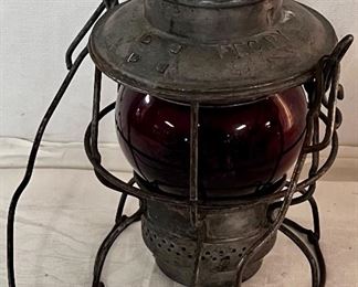 “F.E.C. RY” RAILROAD LANTERN WITH ETCHED RED GLOBE - FLORIDA EAST COAST RAILWAY 