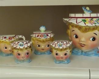 Hand painted whimsical cookie jar, sugar and creamer, salt and pepper set. Made in Japan.