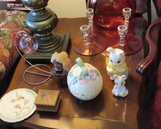 Easter decor, cranberry candlesticks.