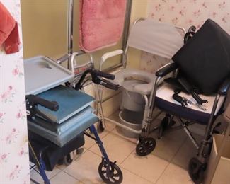 Walker, shower chair, transport wheelchair.