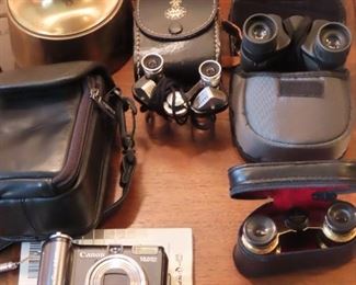 Camera and binoculars.