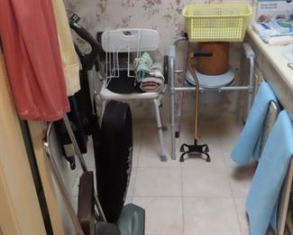 Shower chair, bedside commode, medical equipment.