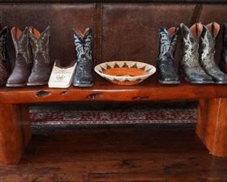 Size 12 cowboy boots and a live edge bench