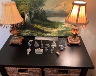 Drawered stand, pair fringe lamps, figurines pewter, etc