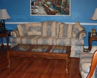 Sofa and matching pair of wing chairs, leaded glass top coffee and end tables