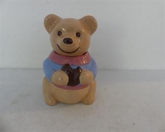 Vintage 1991 Teddy Bear in Blue Sweater with Pink Trim Ceramic Cookie Jar