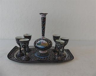 Vintage Hand Painted Hammered Metal Apéretif Set 