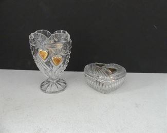 Vintage Anna Hütte Bleikristall 24% Lead Crystal Heart Shaped Trinket Box and Pedestal Vase