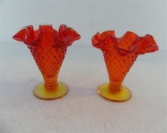 Vintage 1960s Fenton Amberina Hobnail Ruffled Rim Pair of Vases